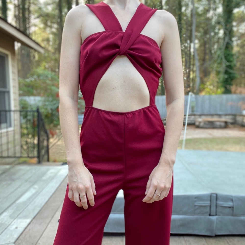 Burgundy / Wine Cut Out Open Front Jumpsuit